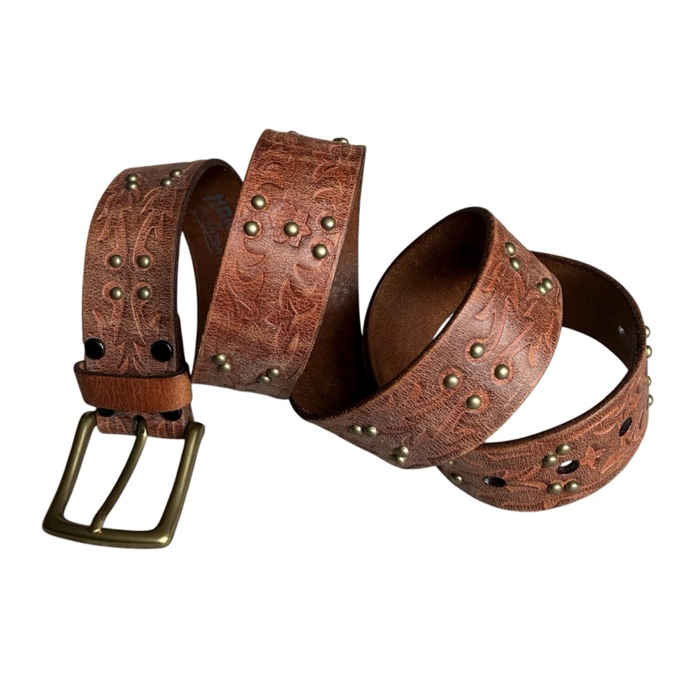 Honest By Brighton Tooled Leather Studded Belt Brown - Picture 11 of 11